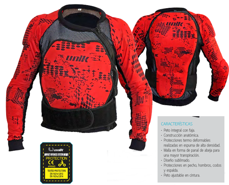 PETO UNIK PX01 CON PROTECCIONES COMPLETAS NEGRO ROJO XL